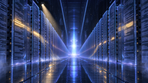 A cyberpunk archive corridor of glowing glass slabs etched with lines of text, receding to a bright core of light; a searchlight from the ceiling lights a few lines in amber.