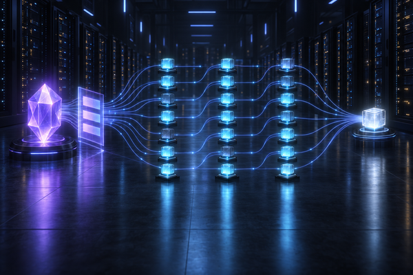 A violet crystal and a three-band plan panel send blue light paths through three columns of glowing cyan cubes in a dark server hall into one white cube.