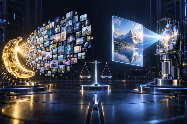 Golden crystal banana spraying a mosaic of small image tiles, a precision optical instrument projecting one large landscape, and a balance scale between them