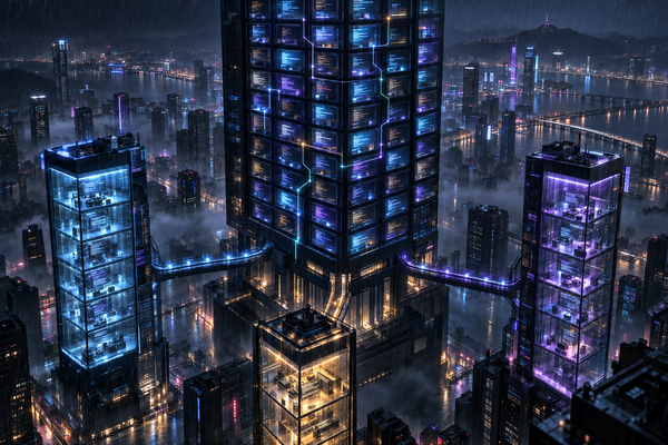 A rain-soaked cyberpunk city at night: a central tower of glowing terminal panes linked by neon wires, with three glass towers branching from its base on lit skybridges.