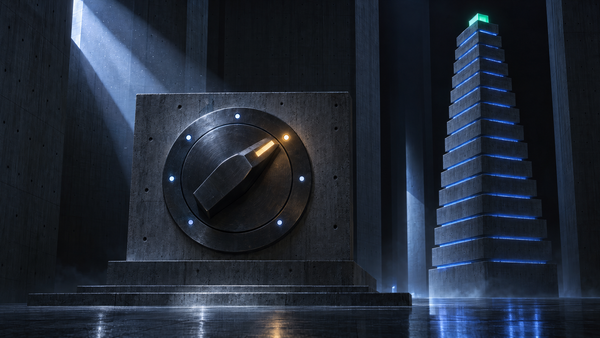 A steel rotary selector set into a concrete plinth, its pointer lit amber, beside a tower of stacked concrete slabs edged in blue light in a dark brutalist hall.