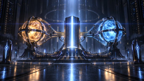 Two glowing AI cores, one amber and one cyan, caged in metal rings and cabled to a central monolith of light in a dark, cathedral-like server hall.