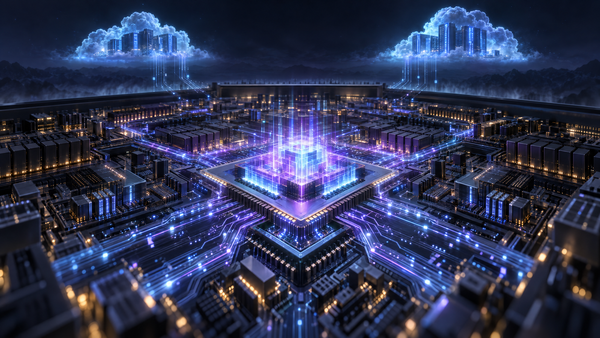 A glowing violet cube rises from a processor at the center of a circuit-board city at night, while two cloud cities above it send thin beams of light down to the chip.