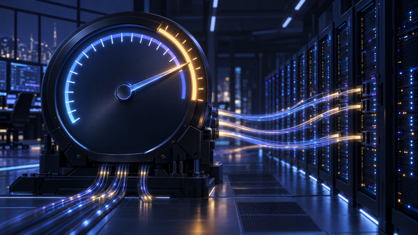 A large analog gauge in a dark server hall, its needle swept past the blue arc into a glowing amber outer arc, with streams of light running to rows of server racks.