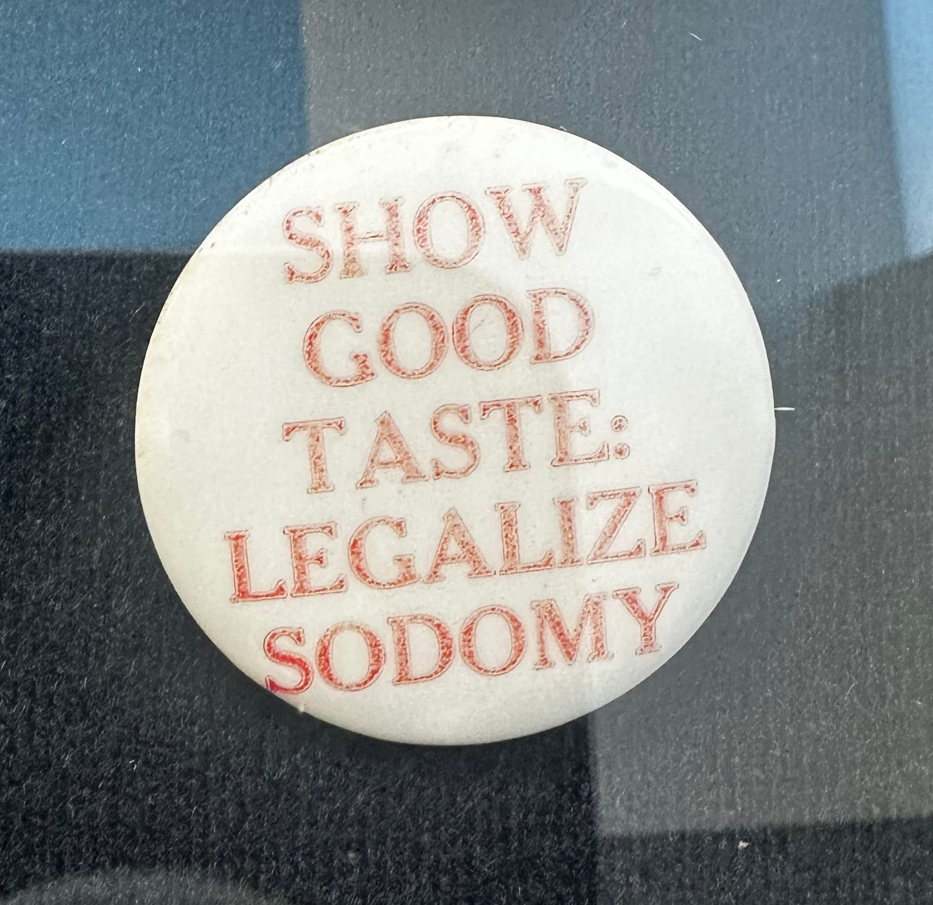 A pin reading "Show good taste: Legalize Sodomy"