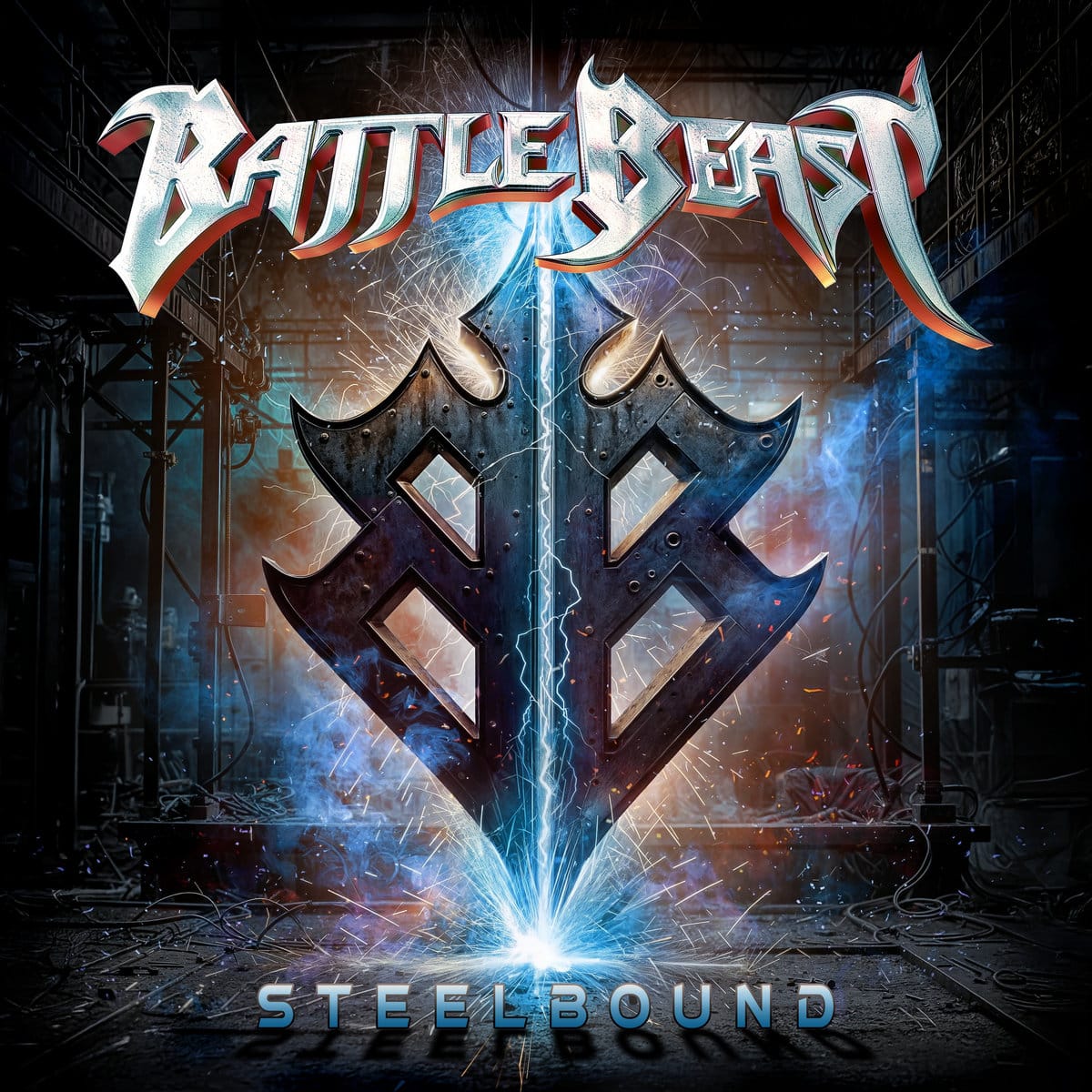 The cover of Battle Beasts' "Steelbound" depicting the bands logo with sparks in a factory setting