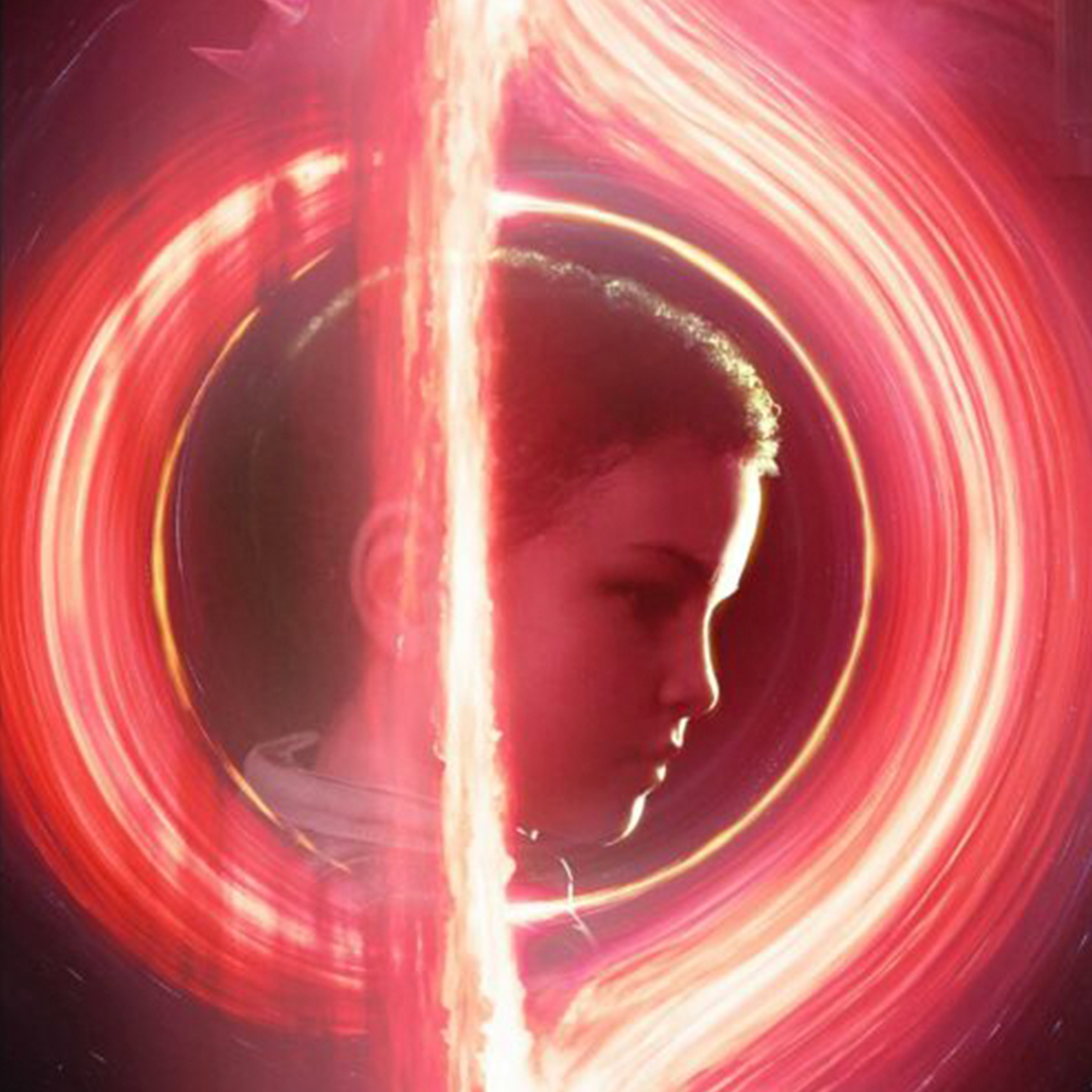 The cover of Coheed & Cambria's "The Father of Make Believe" depicting a child's silhouette with lights rushing around them in a circle, and one line of light bisecting their image