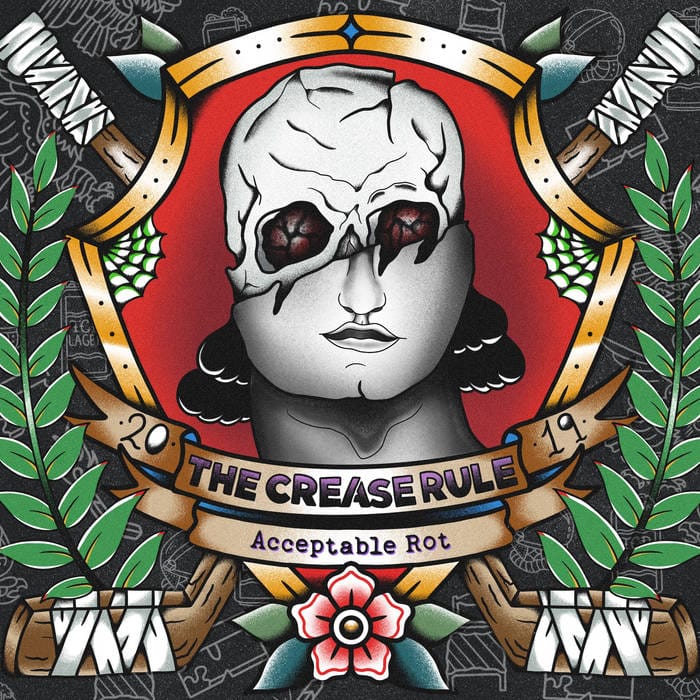 The cover of The Crease Rule's "Acceptable Rot" depicting a face that is half skull on a shield with flowers, wreaths, and hockey sticks