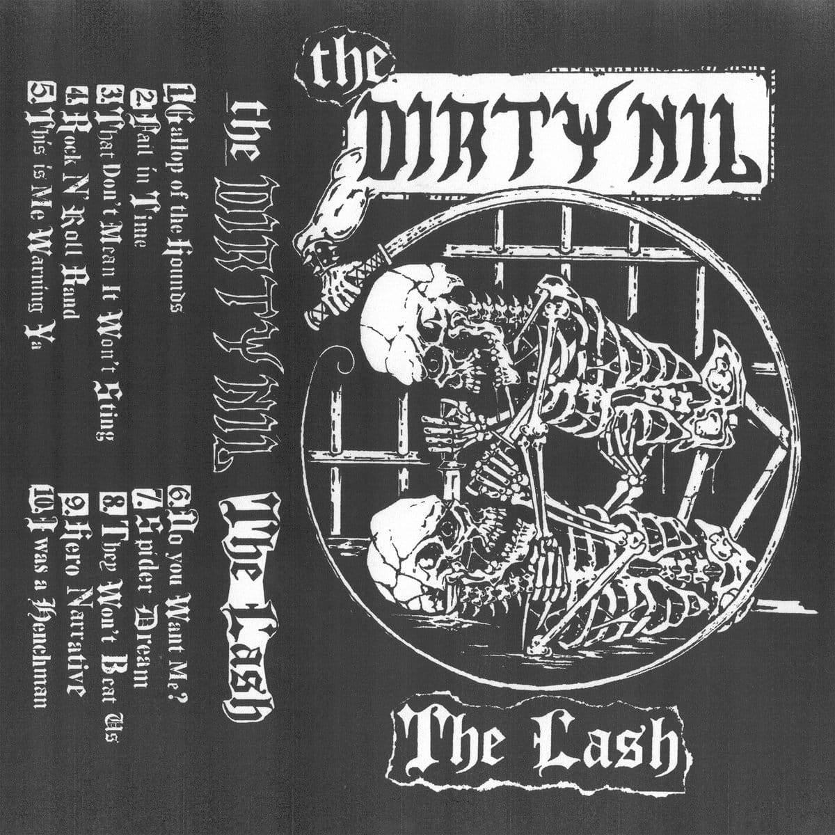 The cover of The Dirty Nil's "The Lash" depicting a cassette cover art flattened out with two skeletons fighting and tracklisting on the side
