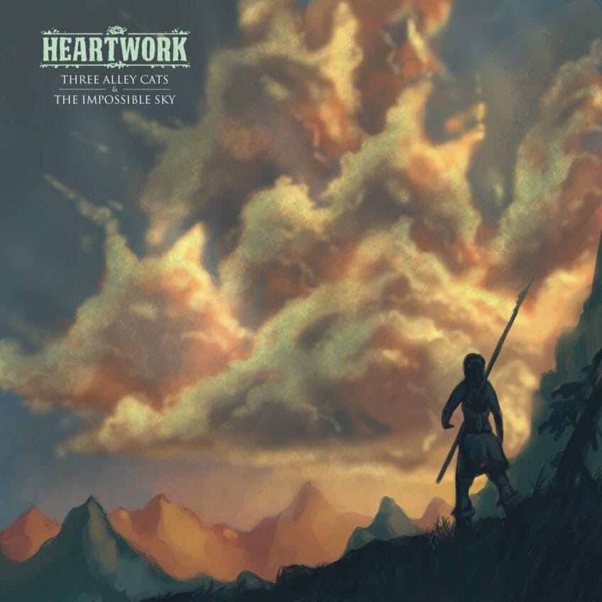 The cover of Heartwork's "Three Alley Cats & The Impossible Sky" depicting a woman with a spear on a mountain