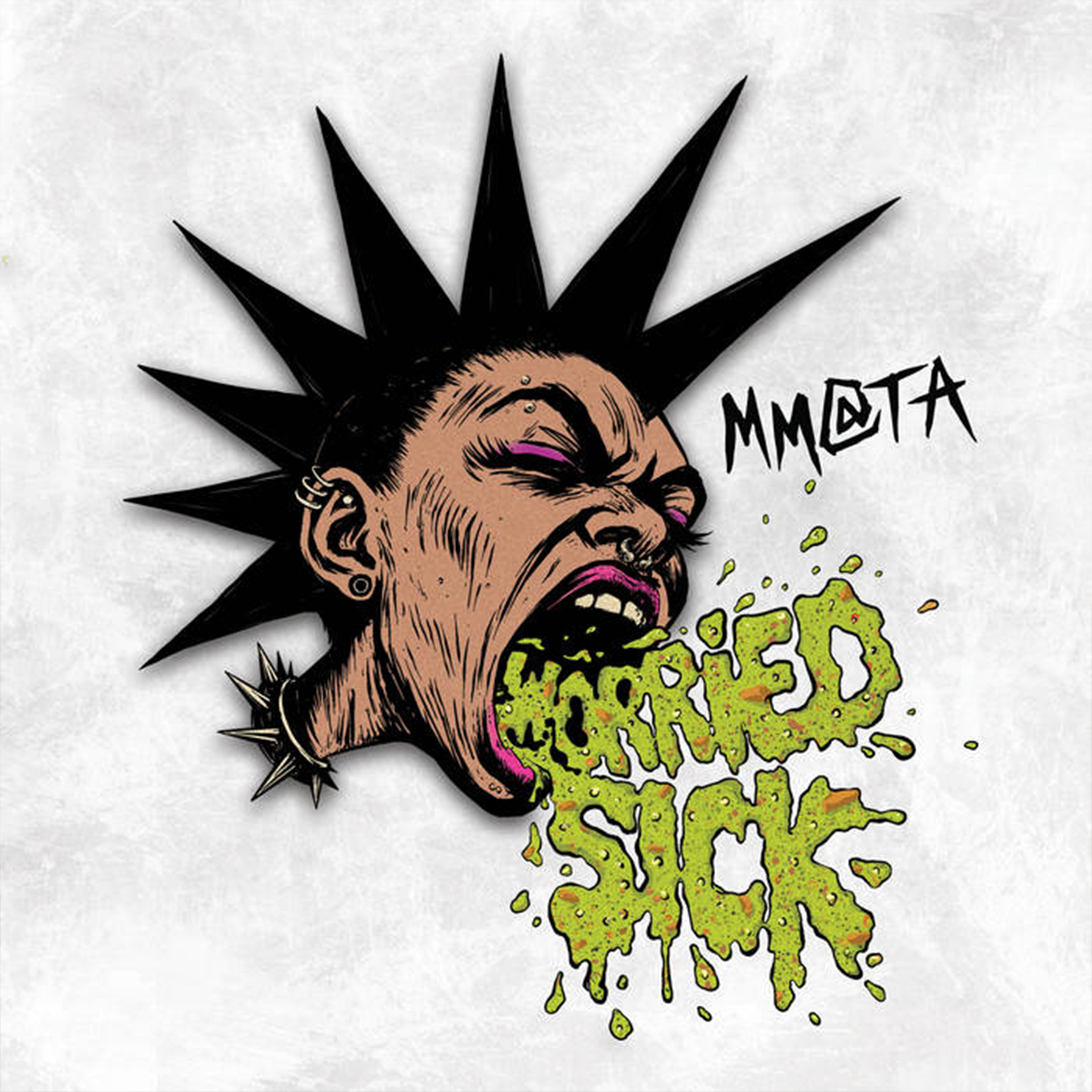 The cover of Meet Me @ The Altar's "Worried Sick" depicting a woman with a mohawk, spiked necklace, and multiple piercings vomiting the album title