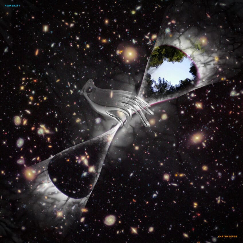 The cover art for Pinkshift's "Earthkeeper" depicting a hand holding an infinity symbol in space. An image of trees and a blue sky is visible through one half of the symbol.