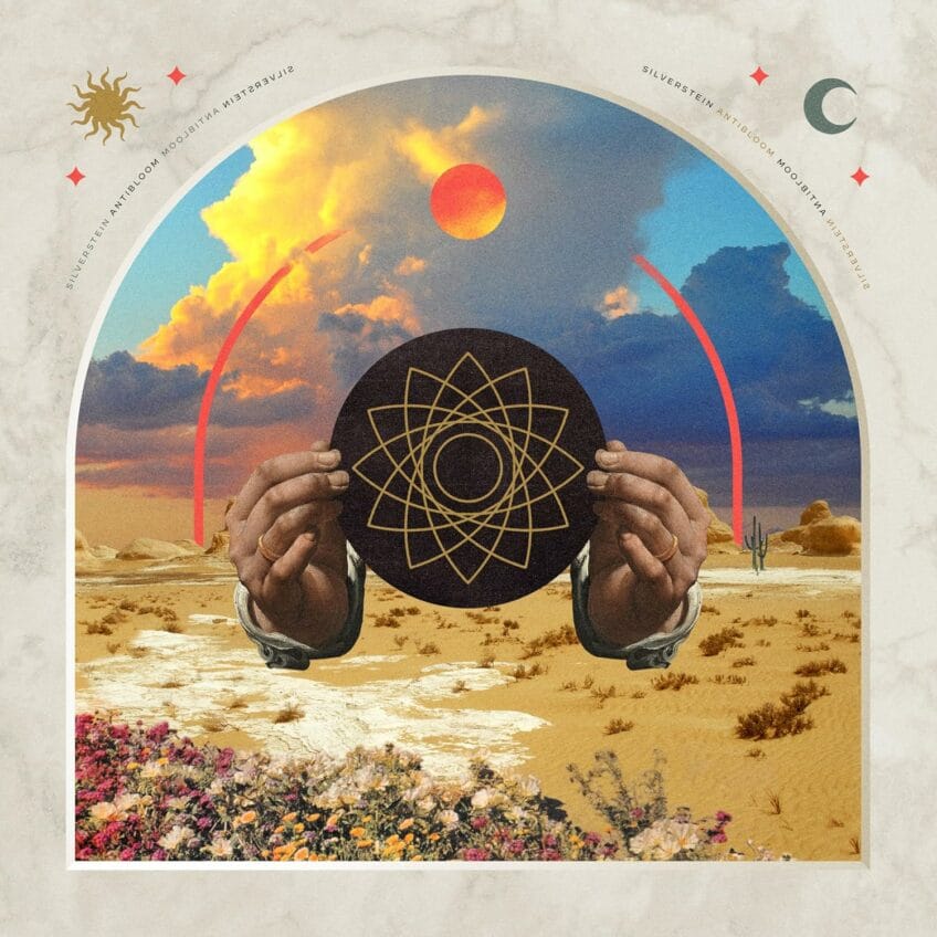 The cover of Silverstein's "Antibloom" depicting two hands holding a circle with an abstract design in front of a desert scene, surrounded by marble with sun and moon icons 