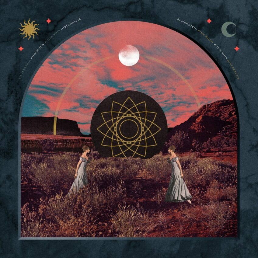 The cover art for Silverstein's "Pink Moon" depicting two women facing each other in a field surrounded by a marble texture with sun and moon icons
