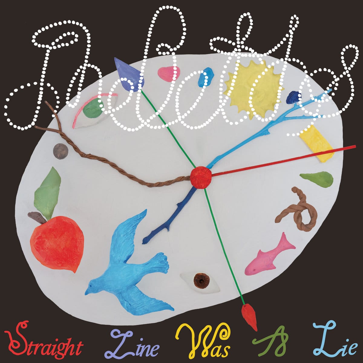 The cover of The Beths' "Straight Line Was A Lie" depicting an illustration of a clock with the numbers replaced with a bird, a fish, a rope, a peach, a sun, and other random shapes