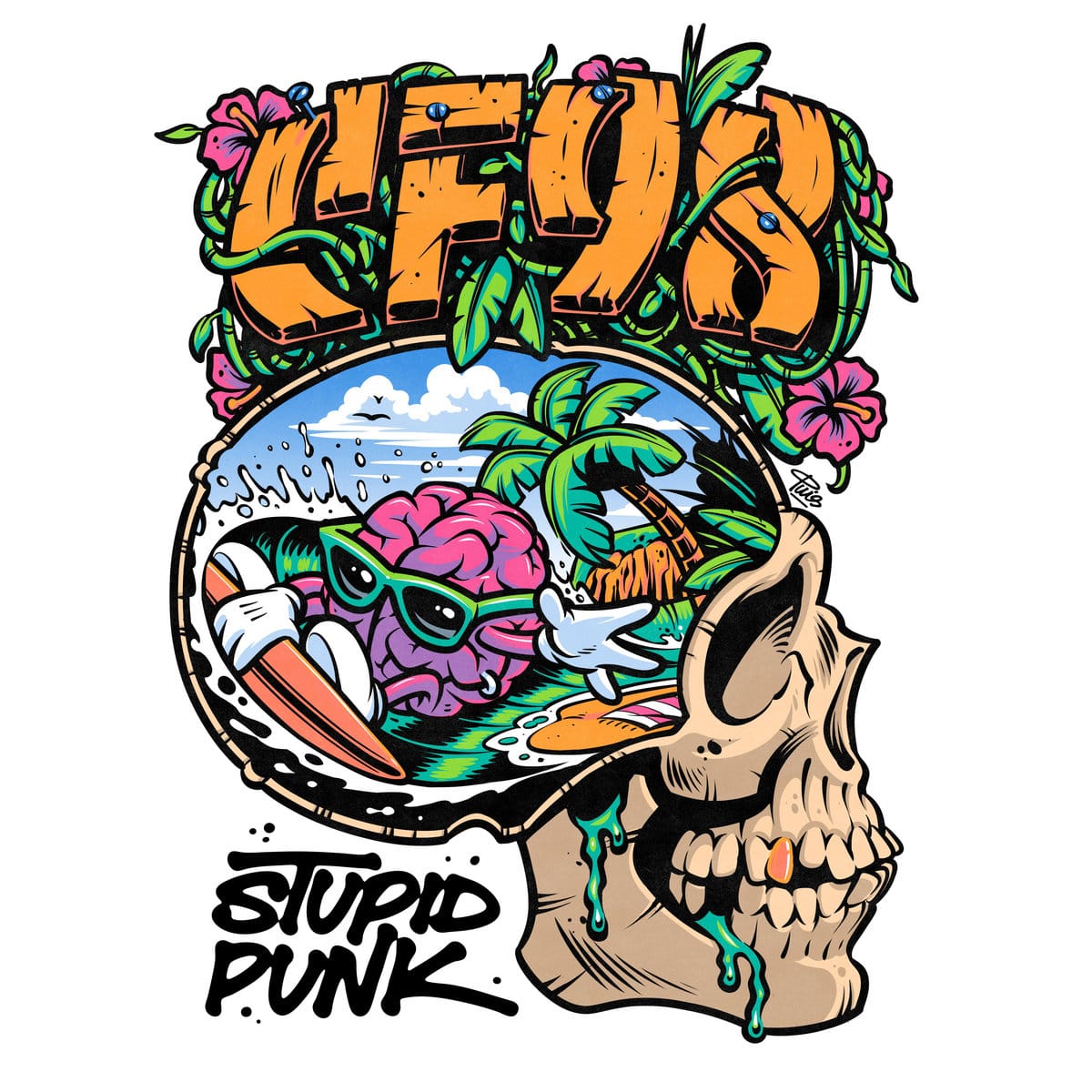 The cover of CF98's "Stupid Punk" depicting a vector illustration of a surfing brain inside a skull