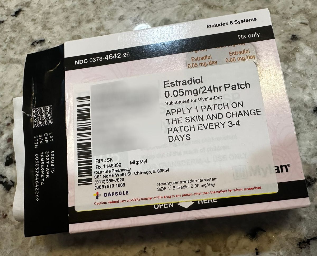 A box of prescription Estradiol patches. Estradiol is a drug developed to treat menopause that is also used in transgender hormone replacement therapy.