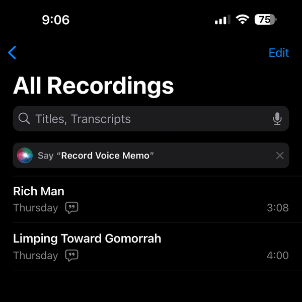 A screenshot of the Voice Memos iOS app with two song titles displayed: "RIch Man" and "Limping Toward Gomorrah"