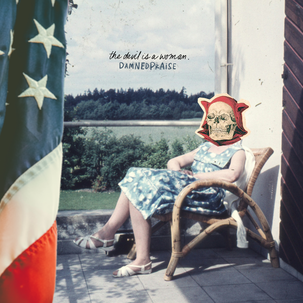 A collage: a vintage photograph of a woman sitting on a front porch, A devil face over her head. On the right is a cropped American flag. Title and artist text are placed in front of the sky.