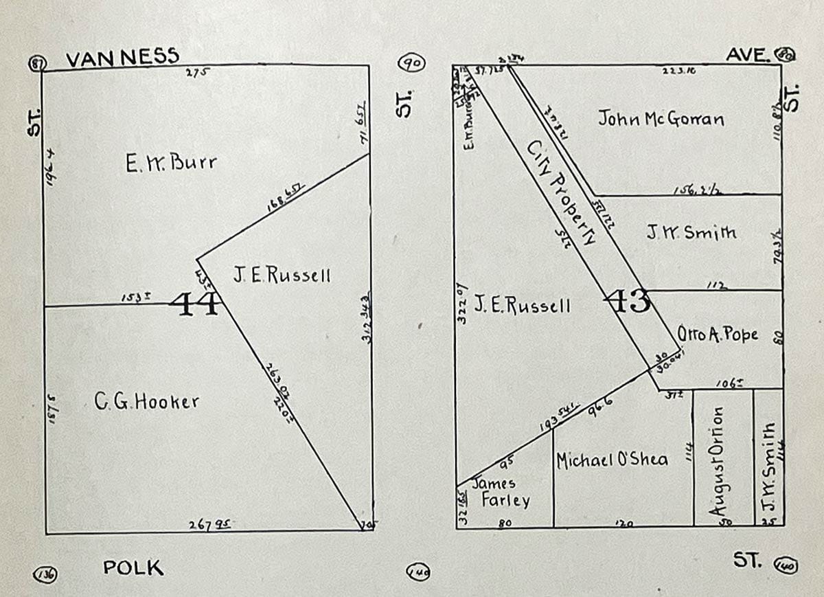 1894 block book map of property between Filbert, Lombard, Van Ness, and Polk streets