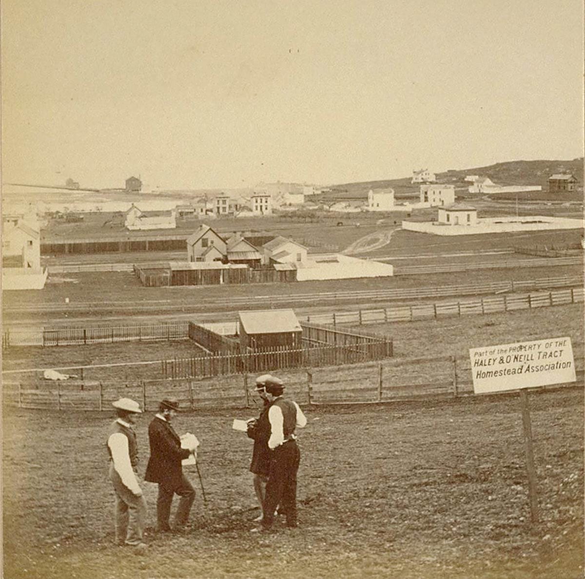 View of men and houses in 1869 in Silver Terrace