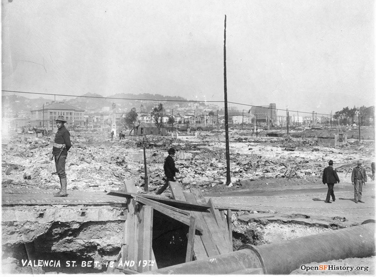 Valencia Street ruins and ashes after the 1906 earthquake and fire