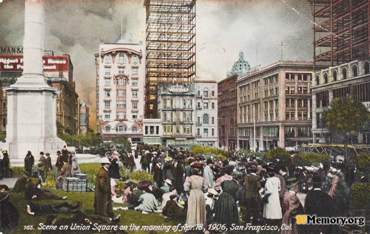 refugees watching fire after earthquake in Union Square