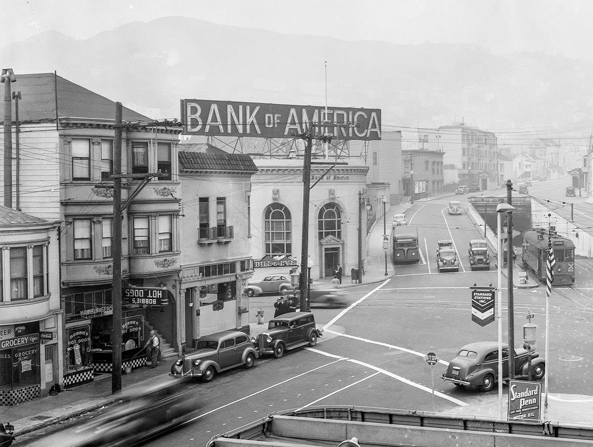 1939 view of intersection of 17th Street, Castro Street, and Market Street