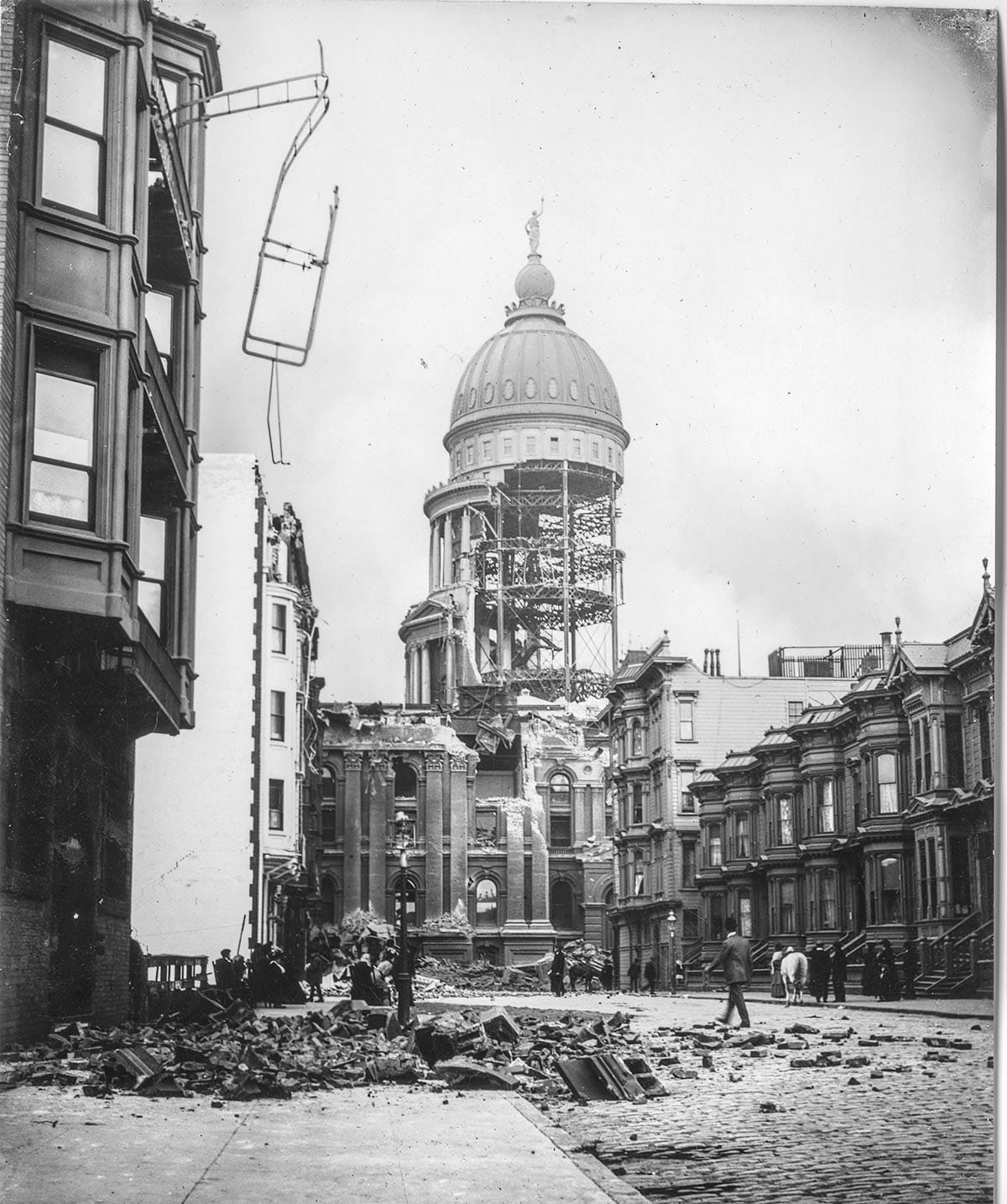 ruins of city hall on Fulton Street with fallen masonry