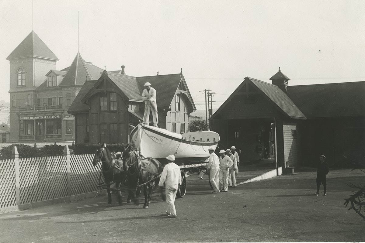 US Life-Saving Service crew with horses and boat