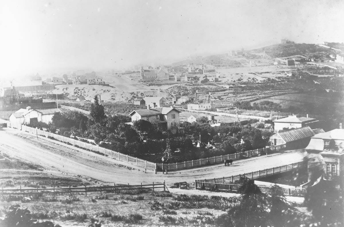 View of Burr home and gardens in the late 1870s