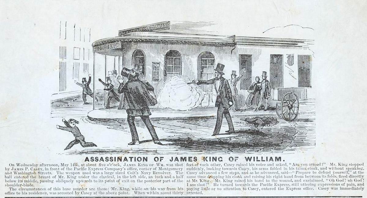 Lettersheet depicting shooting of James King of William in 1856