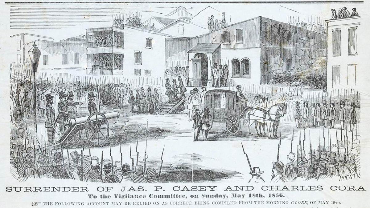 Vigilance Committee taking Casey and Cora from the city jail on Broadway, May 18, 1856.