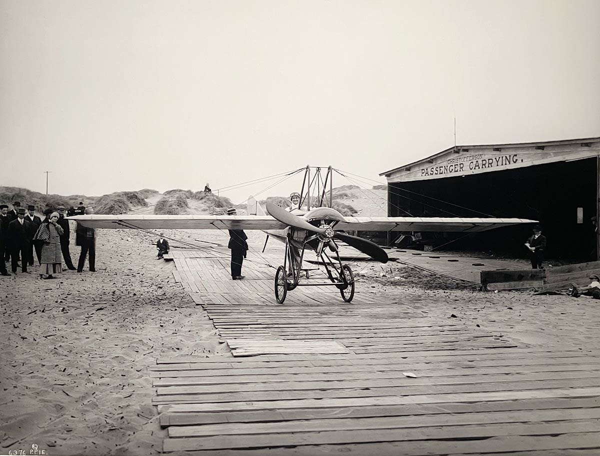 Silvio Pettirossi, a Paraguayan flier, posing at the Christofferson board runway at Ocean Beach in 1915.