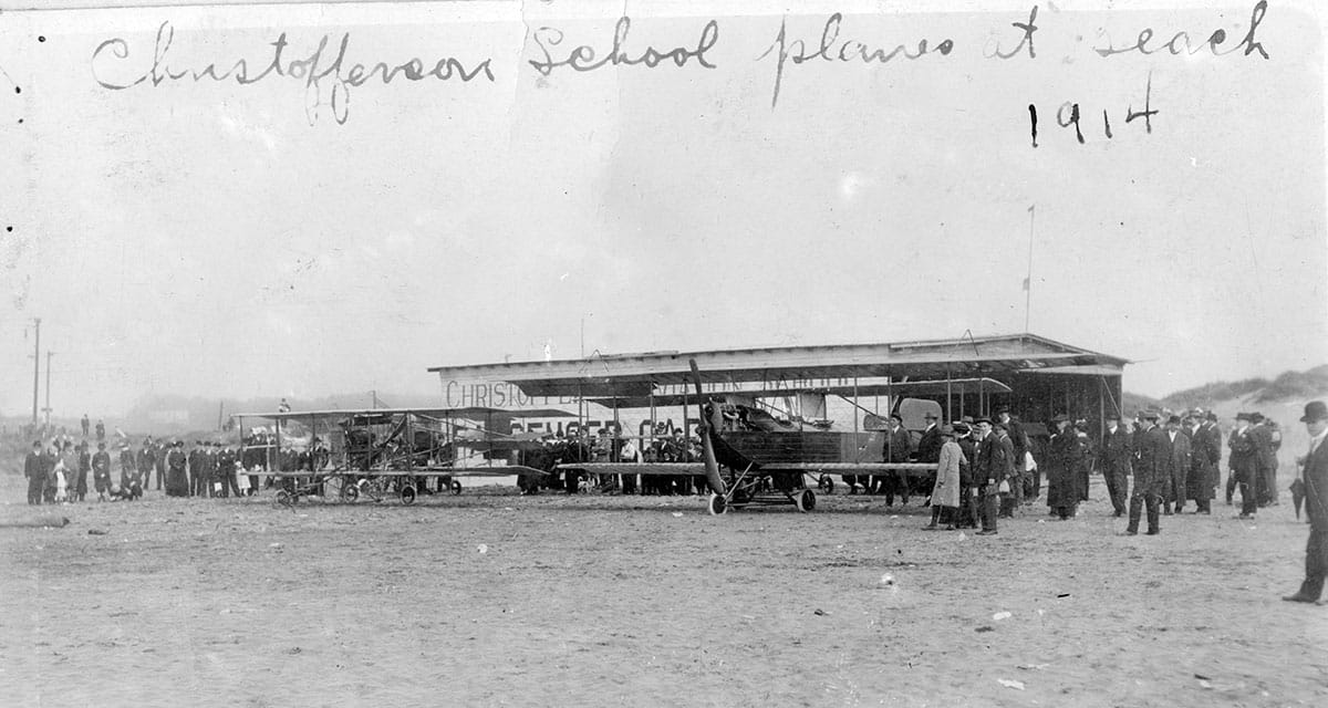 Christofferson Brothers' flight school on Ocean Beach just west of Sloat Boulevard, 1914.