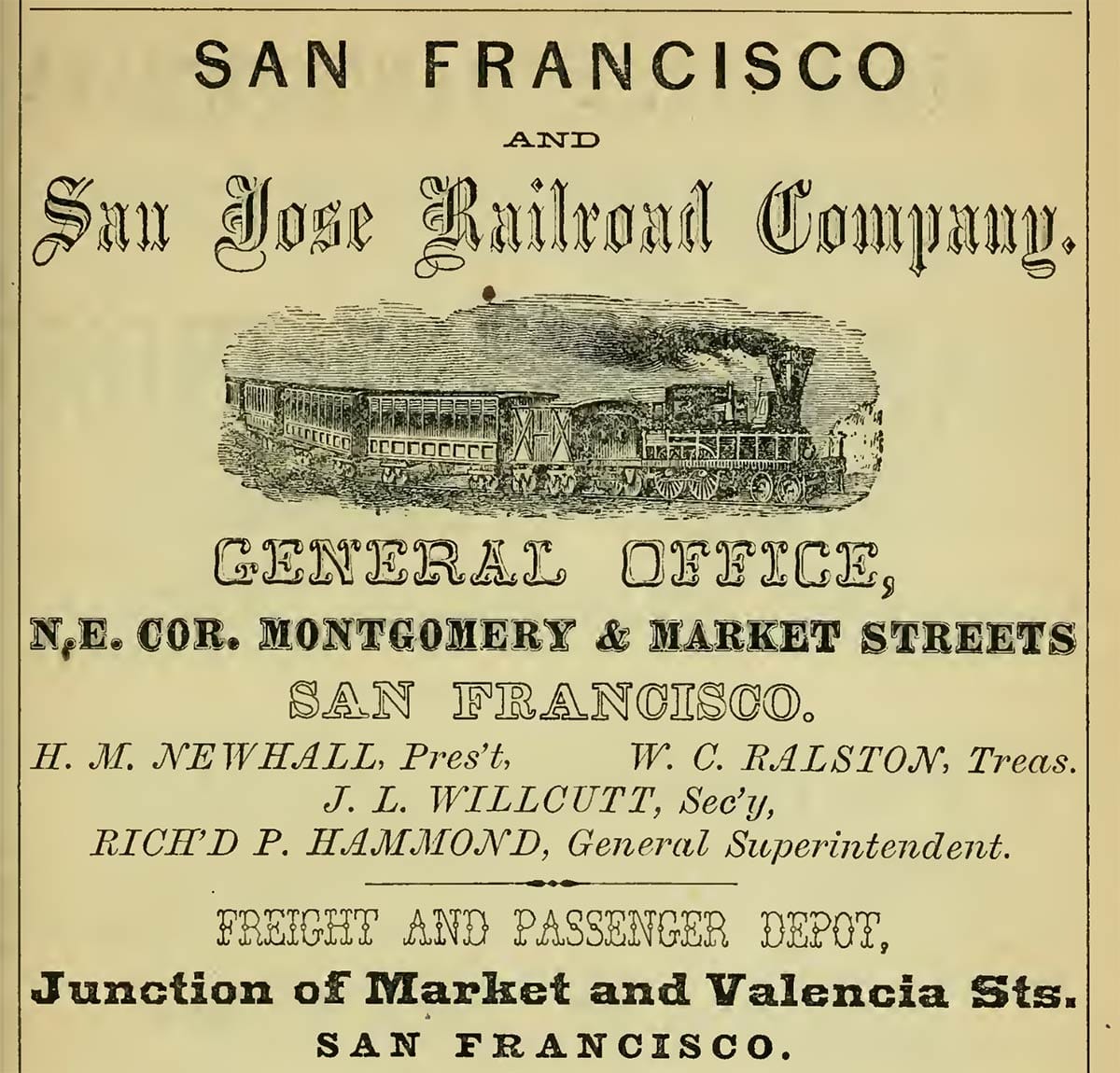 1869 directory ad for San Francisco and San Jose railroad