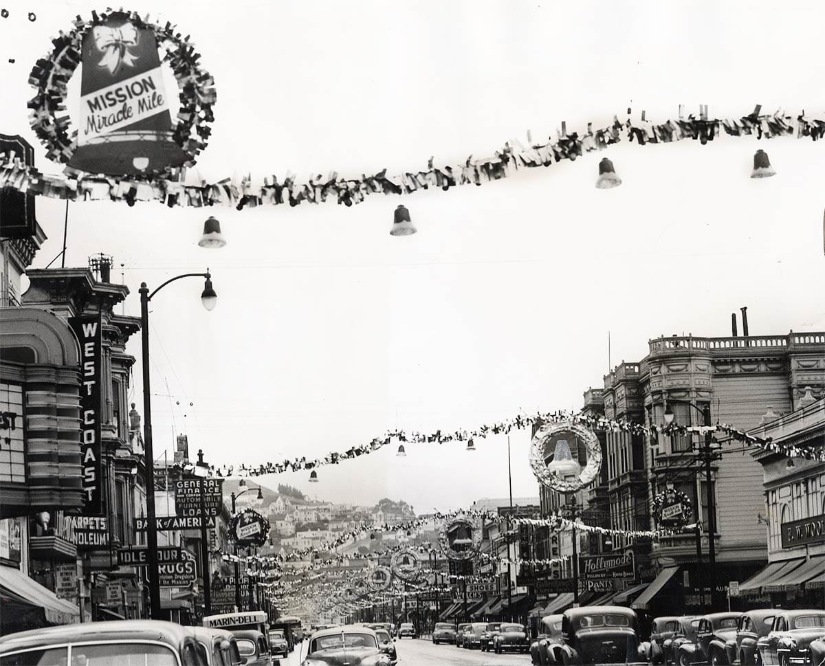 Christmas decorations on Mission Street in 1949