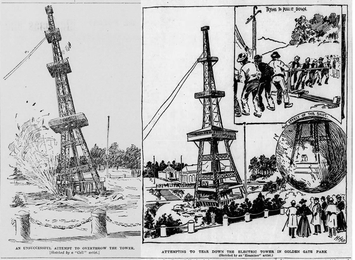Sketches of January 1896 attempt to topple Electric Tower