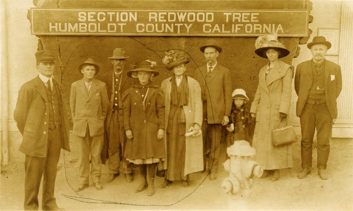 Tour group in front of redwood round