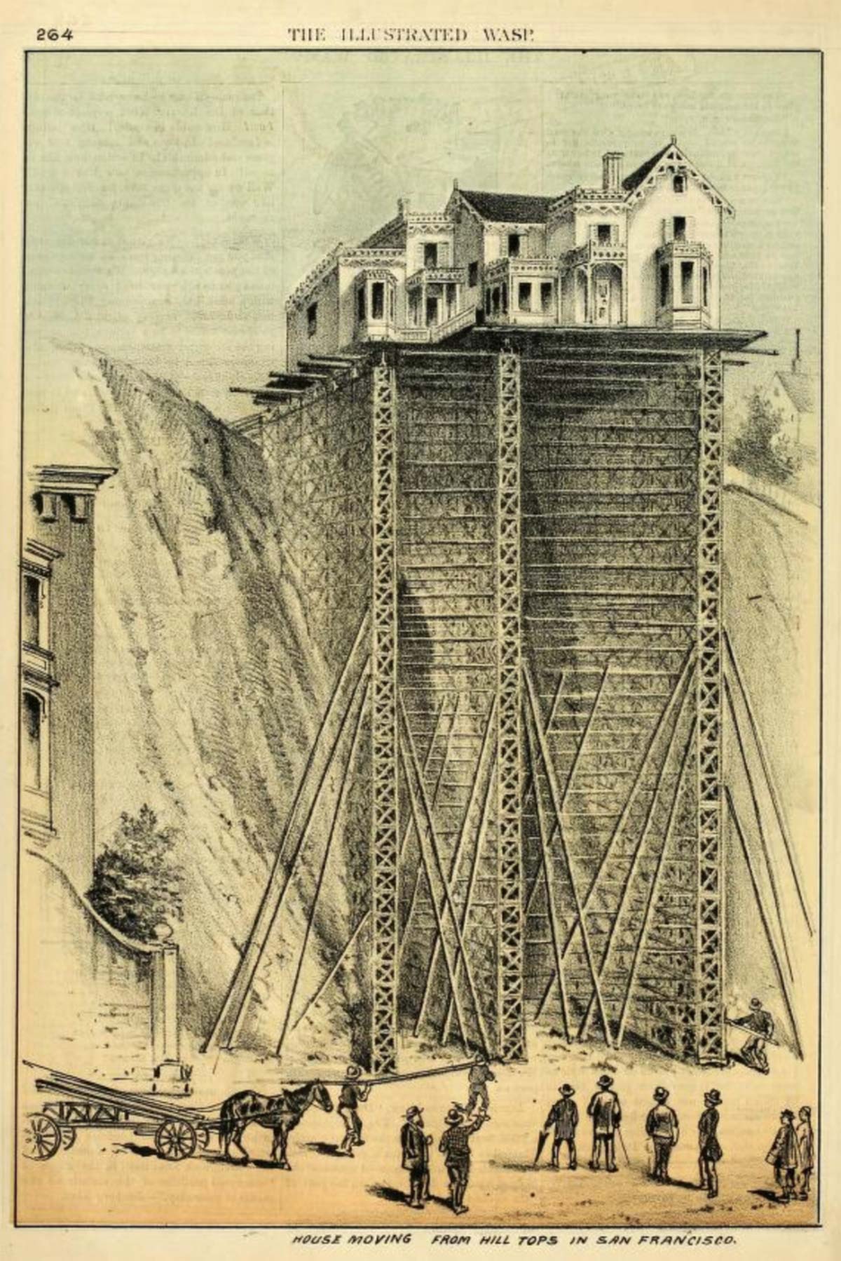 Illustration of Halleck house being lowered