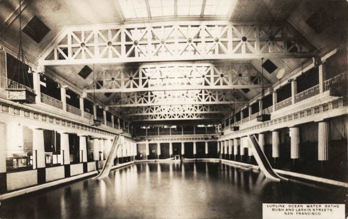 Postcard view of interior of Lurline Baths