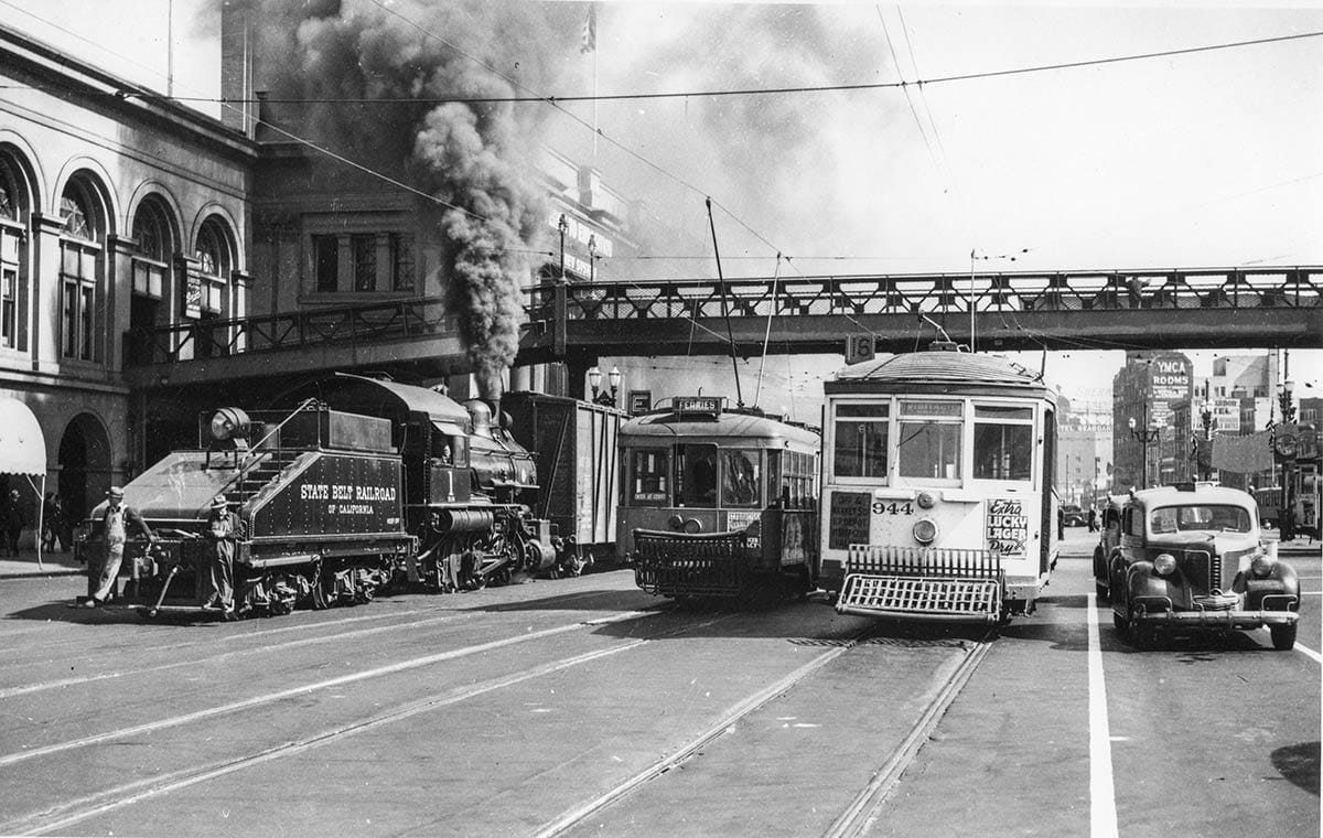 State Belt railroad and streetcars on the Embarcadero.