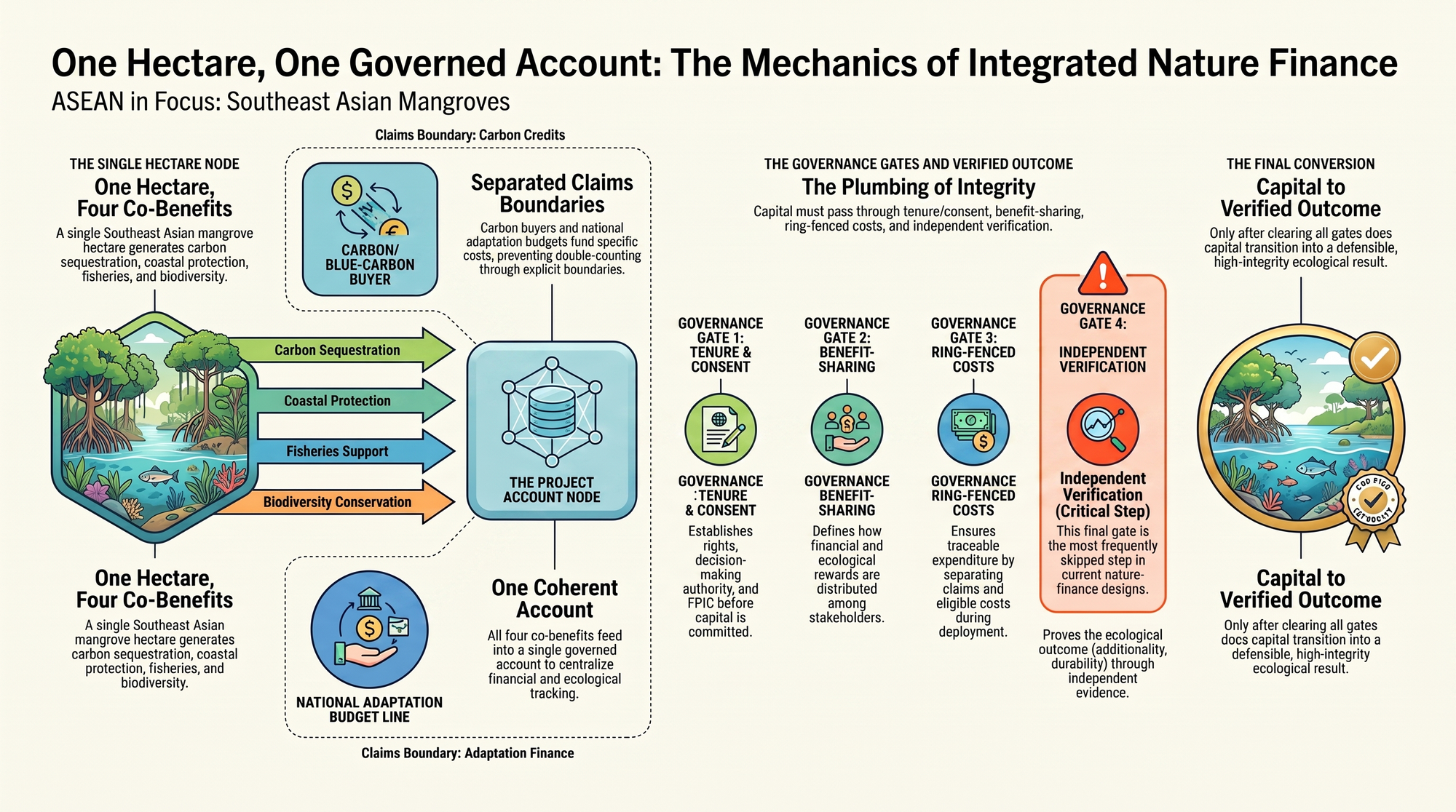 Diagram titled One Hectare, One Governed Account, tracing a single Southeast Asian mangrove hectare through separated claims boundaries and four governance gates to a verified outcome and capital.