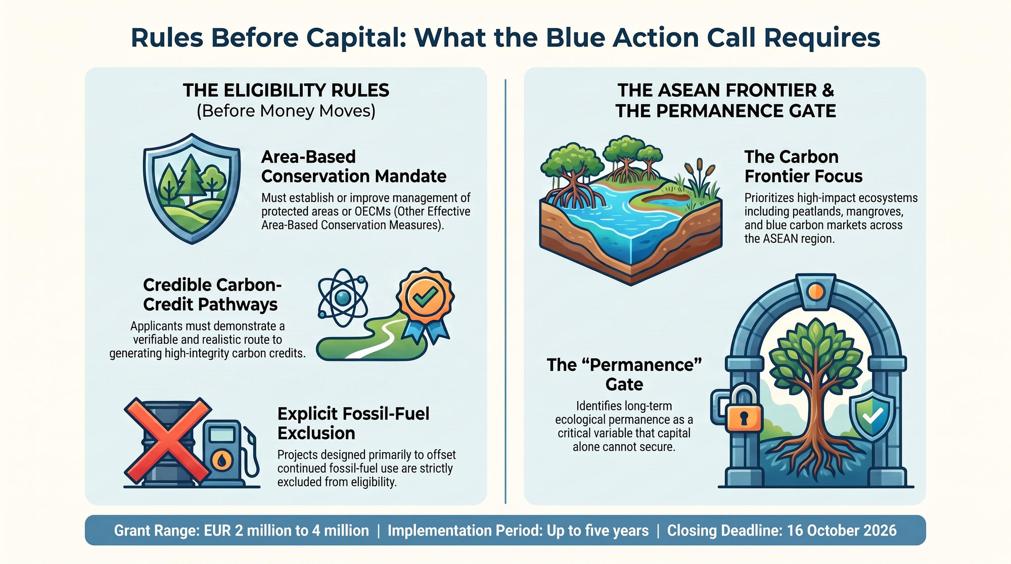 Two-column diagram pairing the Blue Action Call eligibility rules with the ASEAN frontier focus and the permanence gate.