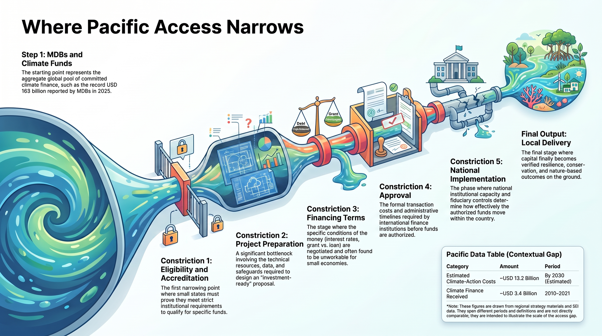 Narrowing-pipeline diagram tracing finance from multilateral banks and climate funds through five successive constrictions to final local delivery in the Pacific.