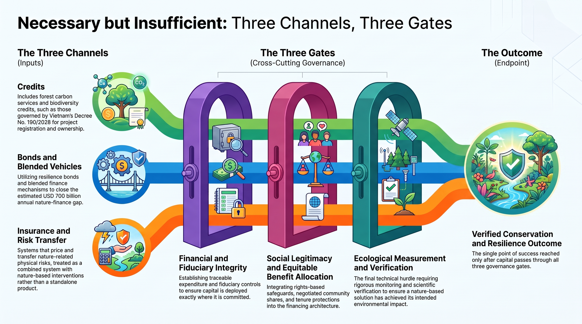 Flow diagram showing credits, bonds and blended vehicles, and insurance and risk transfer passing through three governance gates to reach a verified conservation and resilience outcome.
