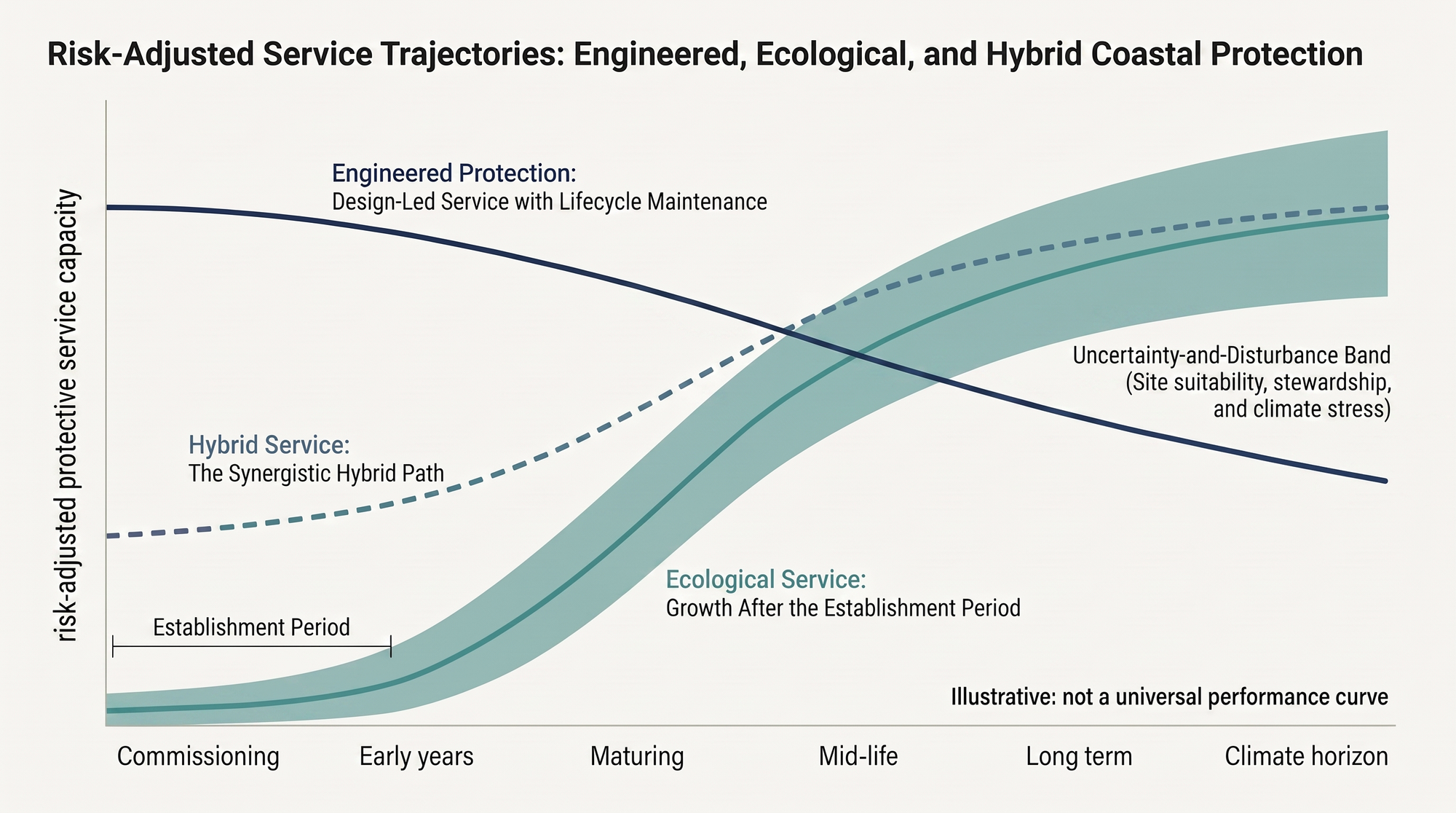 Line chart comparing risk-adjusted protective capacity over time for engineered, ecological, and hybrid coastal protection, with an uncertainty and disturbance band on the ecological path.