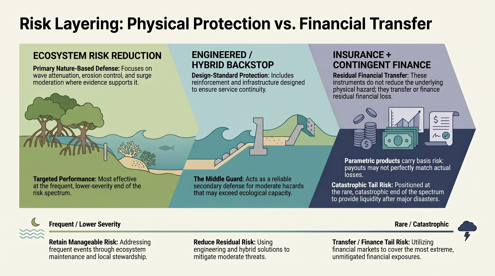 Three-band diagram separating ecosystem risk reduction, engineered and hybrid backstop, and insurance and contingent finance across a severity spectrum from frequent to catastrophic.