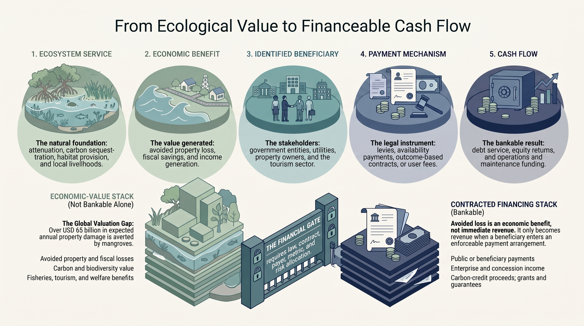Five-step chain from ecosystem service through economic benefit, identified beneficiary, and payment mechanism to cash flow, contrasting the economic-value stack with the contracted financing stack.
