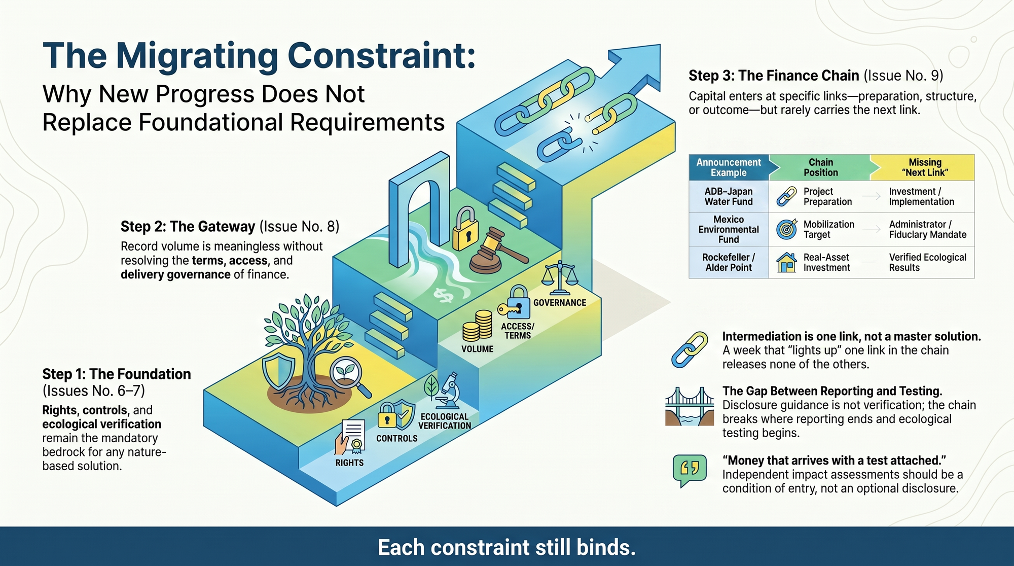 Three-step ascending diagram building from rights, controls, and ecological verification, through terms and delivery governance, to the finance chain, showing that each constraint still binds.